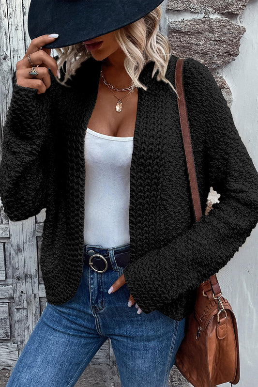 Long Sleeve Open Front Textured Cardigan Sweater Black