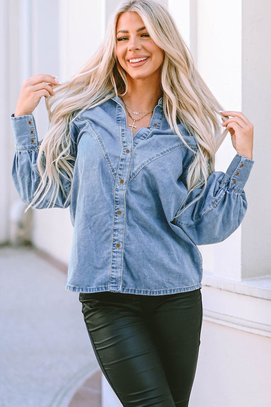 Long Sleeve Button-Down Denim Blue Jean Shirt