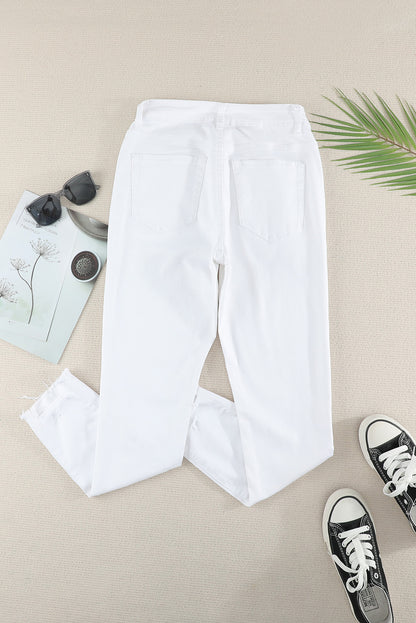 Mid Rise Button Fly White Skinny Jeans