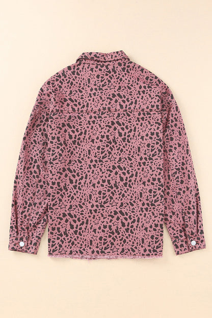 Long Sleeve Button-down Pink Leopard Print Denim Jean Jacket