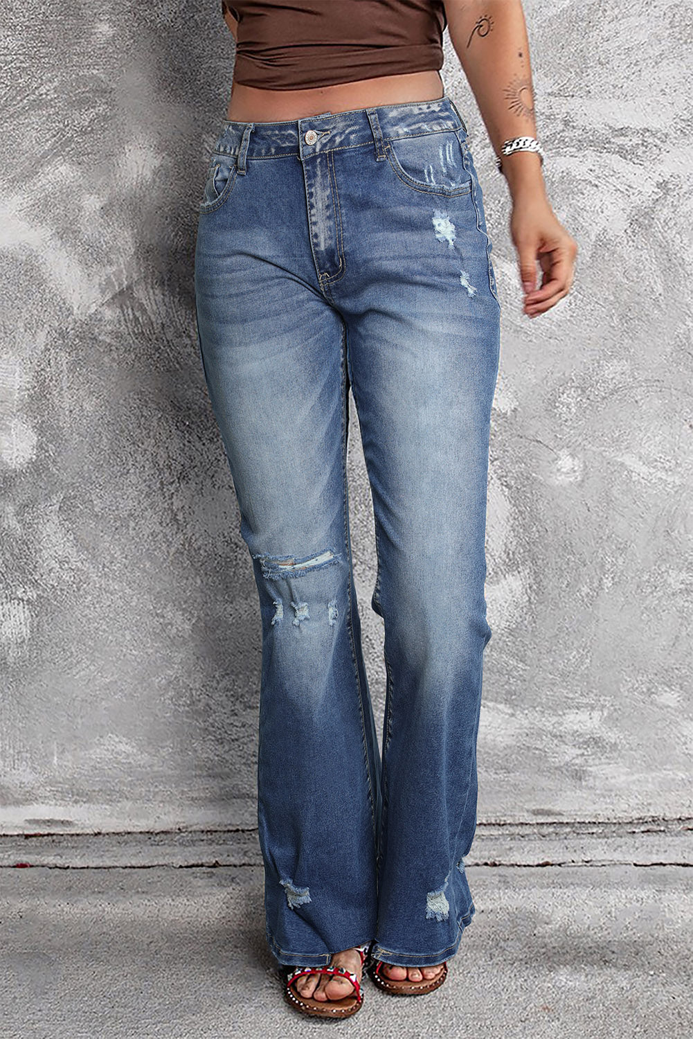 Mid-Rise Factory Distressed Denim Blue Jeans