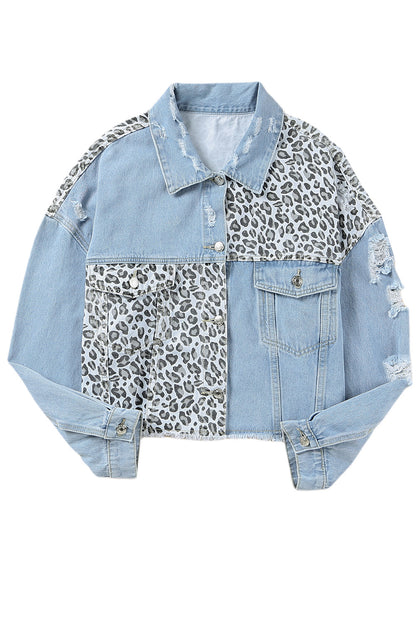 Long Sleeve Button-down Denim Leopard Print Jean Jacket