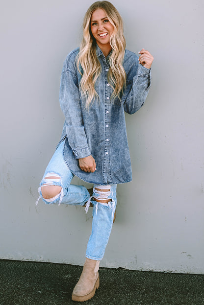 Long Sleeve Button-down Factory Faded Denim Blue Jen Shirt