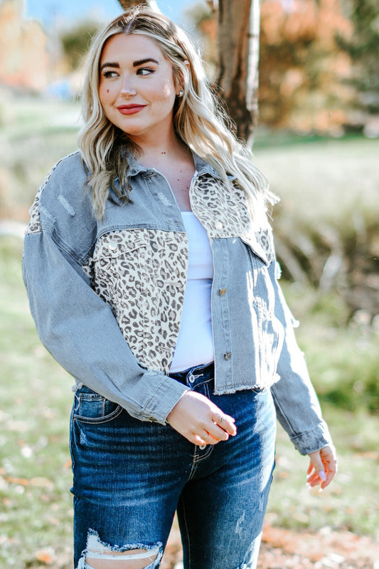 Long Sleeve Button-down Denim Leopard Print Jean Jacket