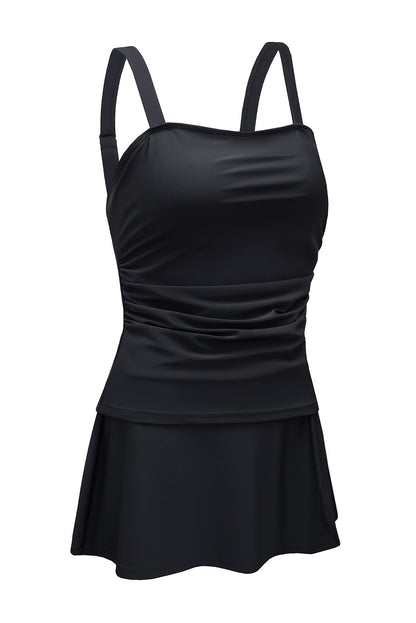 Sleeveless Black Solid Square Neck Tankini Swimsuit