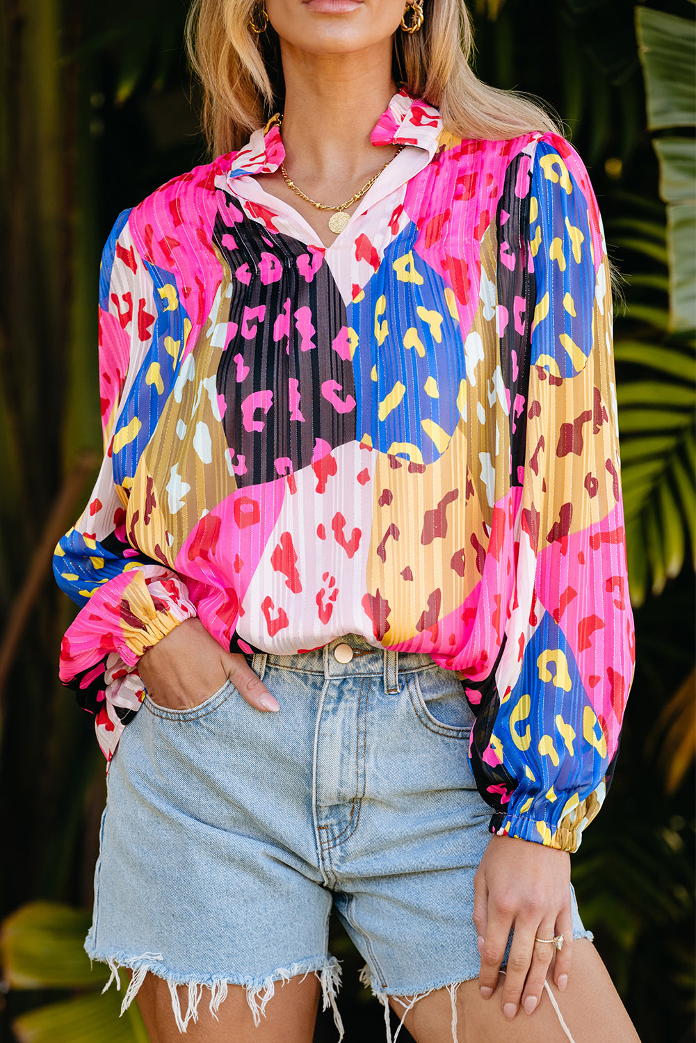 Long Sleeve Color Block Leopard Print Top