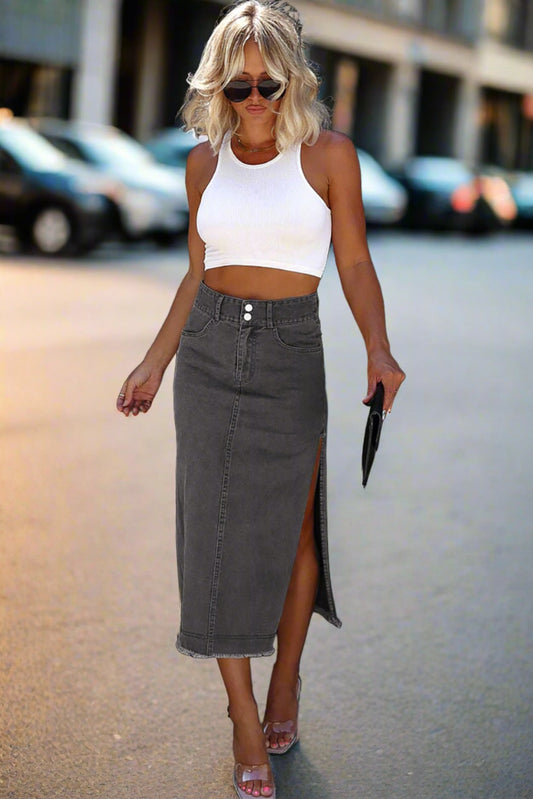 High Rise Black Denim Jean Midi Skirt