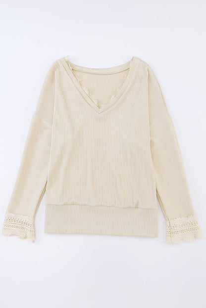 Long Sleeve V-neck Lacey Ribbed Sweater