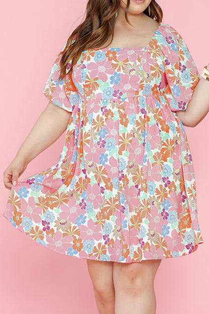 Short Sleeve Floral Print Plus Size Mini Dress