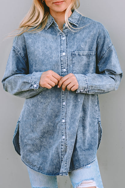 Long Sleeve Button-down Factory Faded Denim Blue Jen Shirt