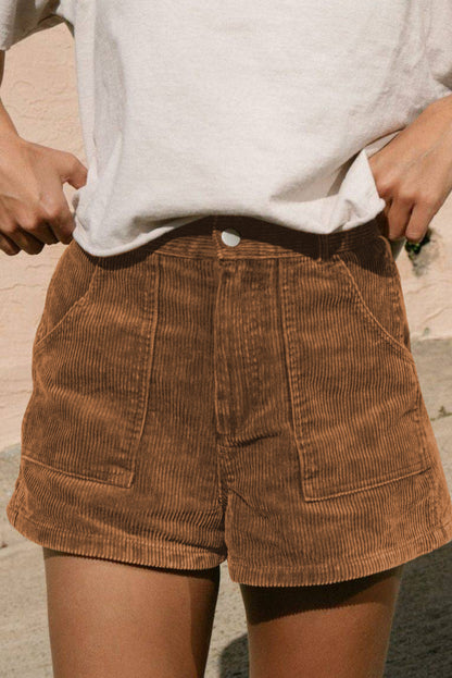 Brown Vintage Elastic Waist Back Pocketed Corduroy Shorts