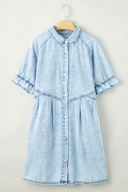 Short Sleeve Button-Down Denim Blue Jean Mini Dress
