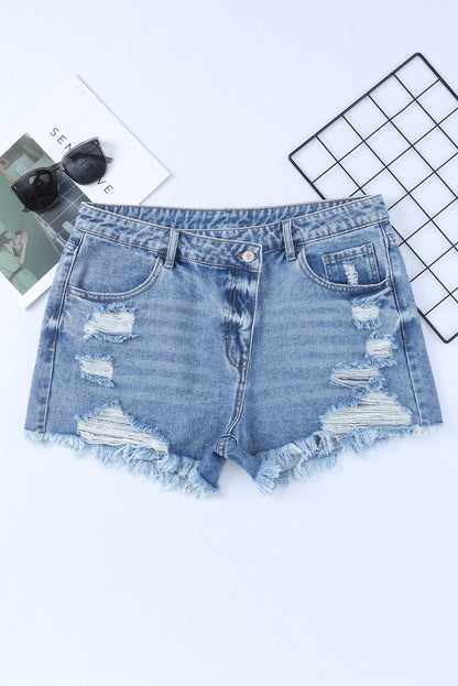 Mid-Rise Factory Distressed Denim Blue Jeans