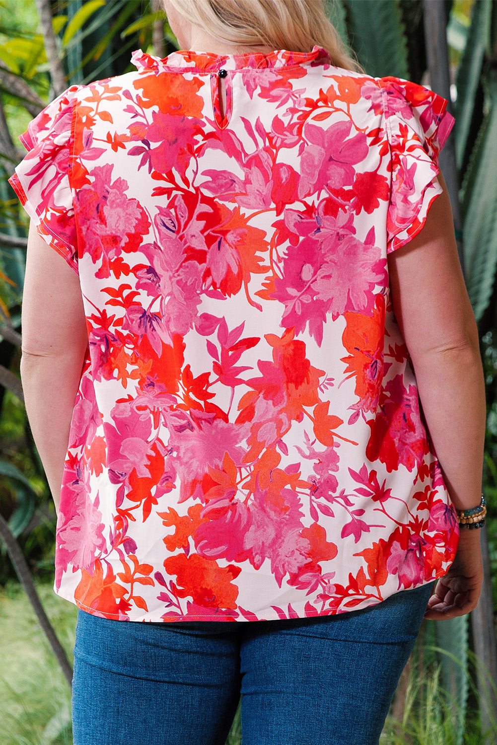 Flutter Sleeve Floral Print Plus Size Top