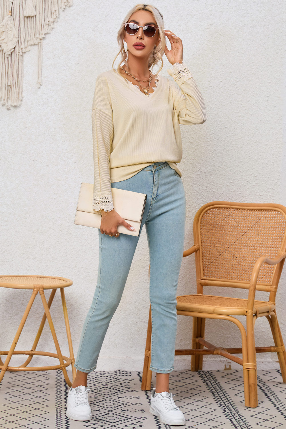 Long Sleeve V-neck Lacey Ribbed Sweater