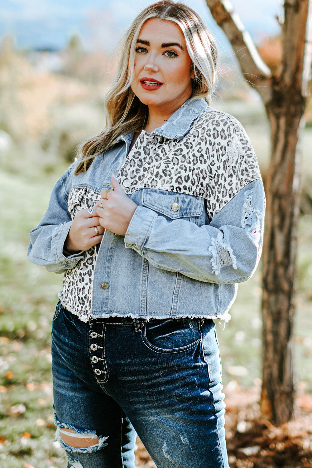 Long Sleeve Button-down Denim Leopard Print Jean Jacket