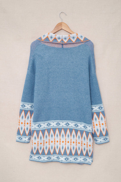 Long Sleeve Southwestern Aztec Print Long Open Front Cardigan Sweater