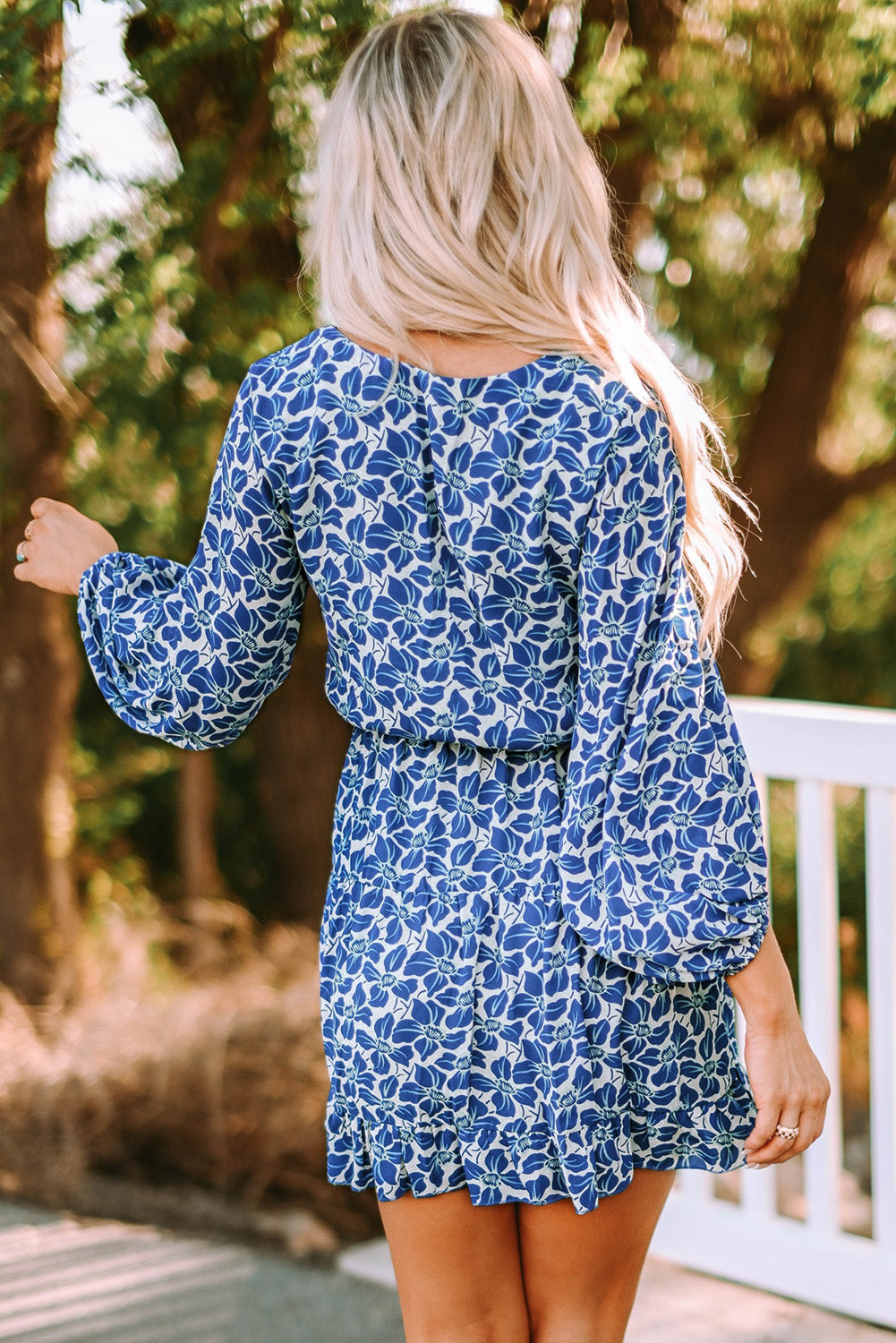 Long Sleeve V-neck Floral Print Mini Dress