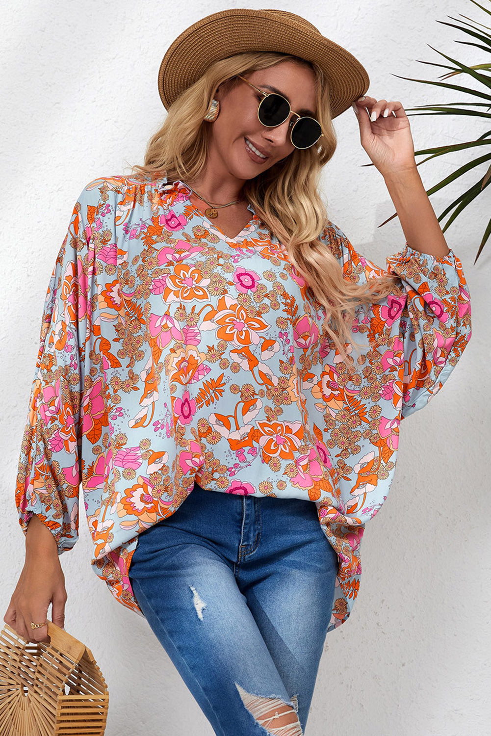 Long Sleeve Oversized Floral Print Blouse