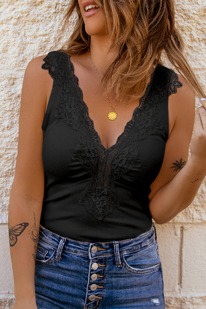 Sleeveless Black Lace  V-neck Bodysuit