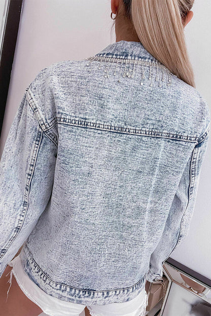 Long Sleeve Button-Down Acid Wash Denim Blue Jean Jacket