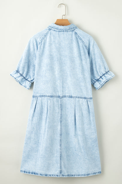Short Sleeve Button-Down Denim Blue Jean Mini Dress