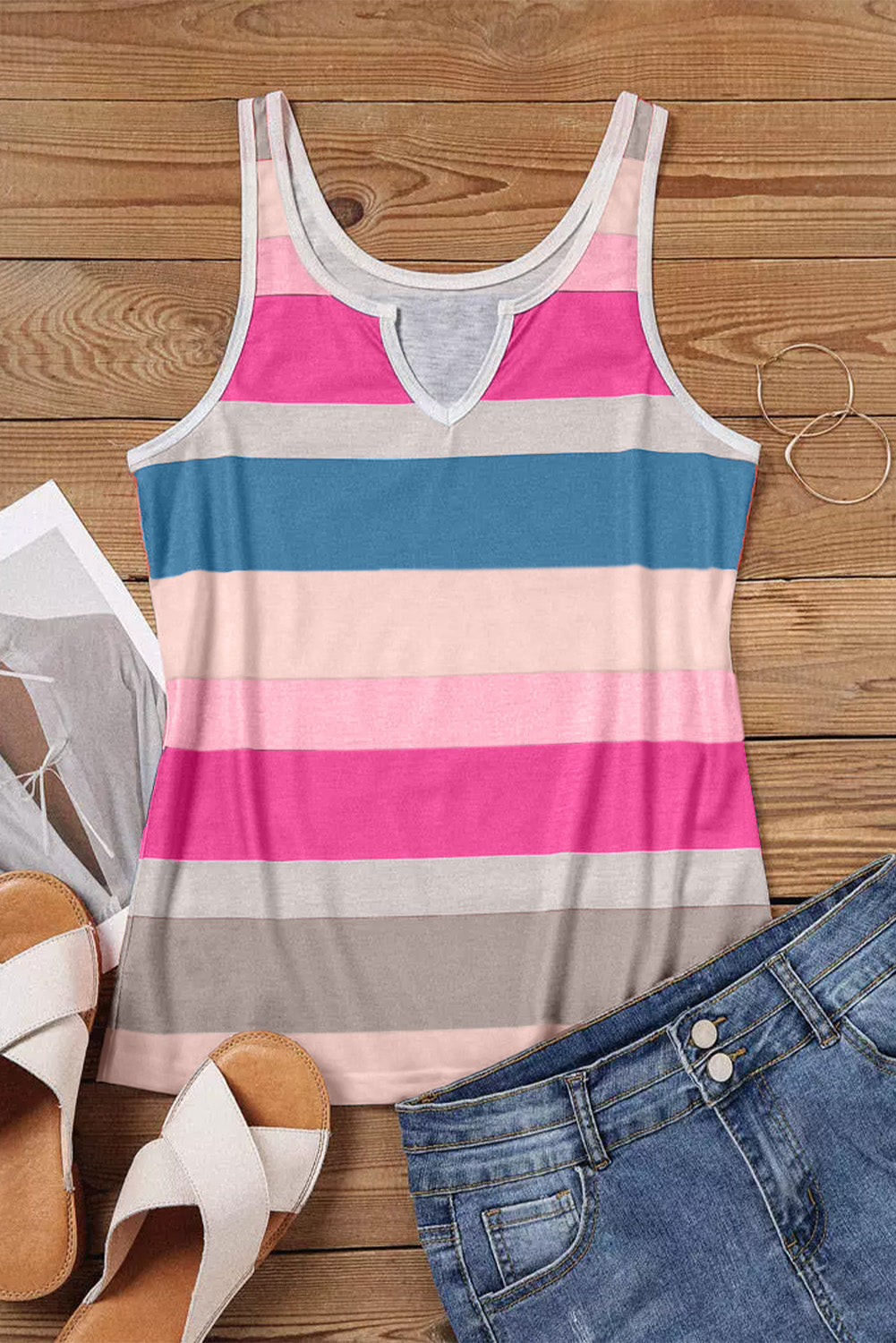 Sleeveless Split V-neck Striped Tank Top