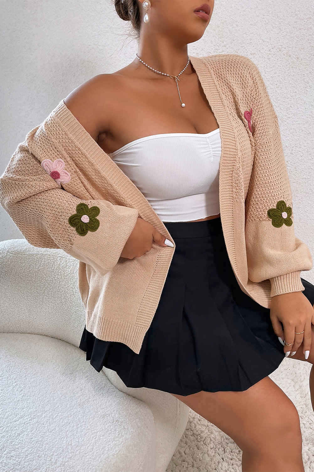 Tan Floral Print Open Front Cardigan Sweater