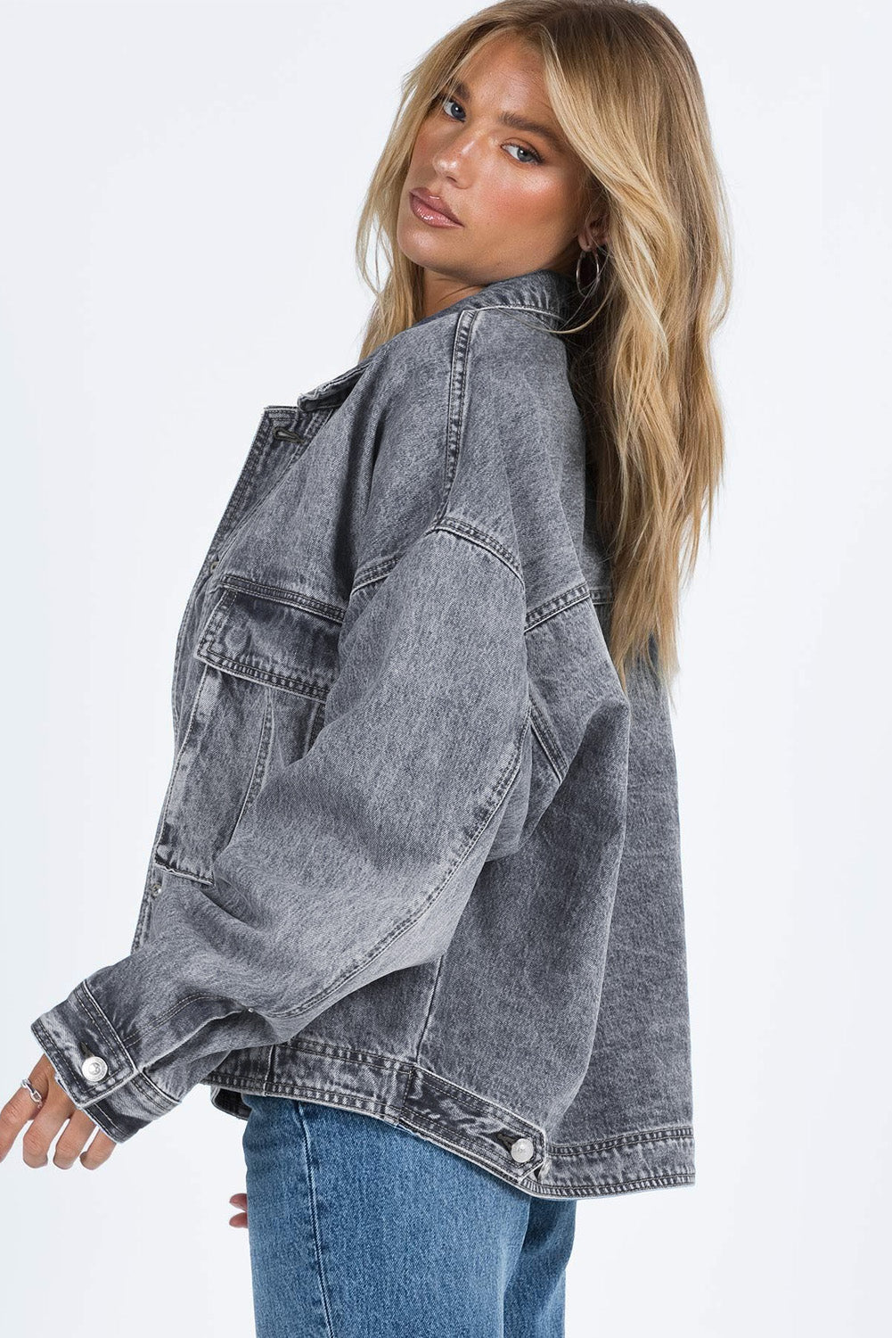 Long Sleeve Button-down Oversized Gray Denim Jean Jacket