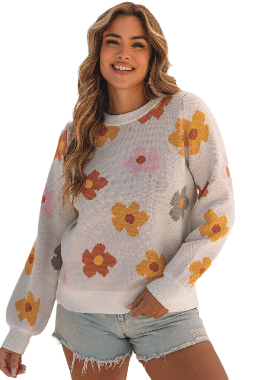 Crew Neck Relaxed Fit Sweater with Daisies