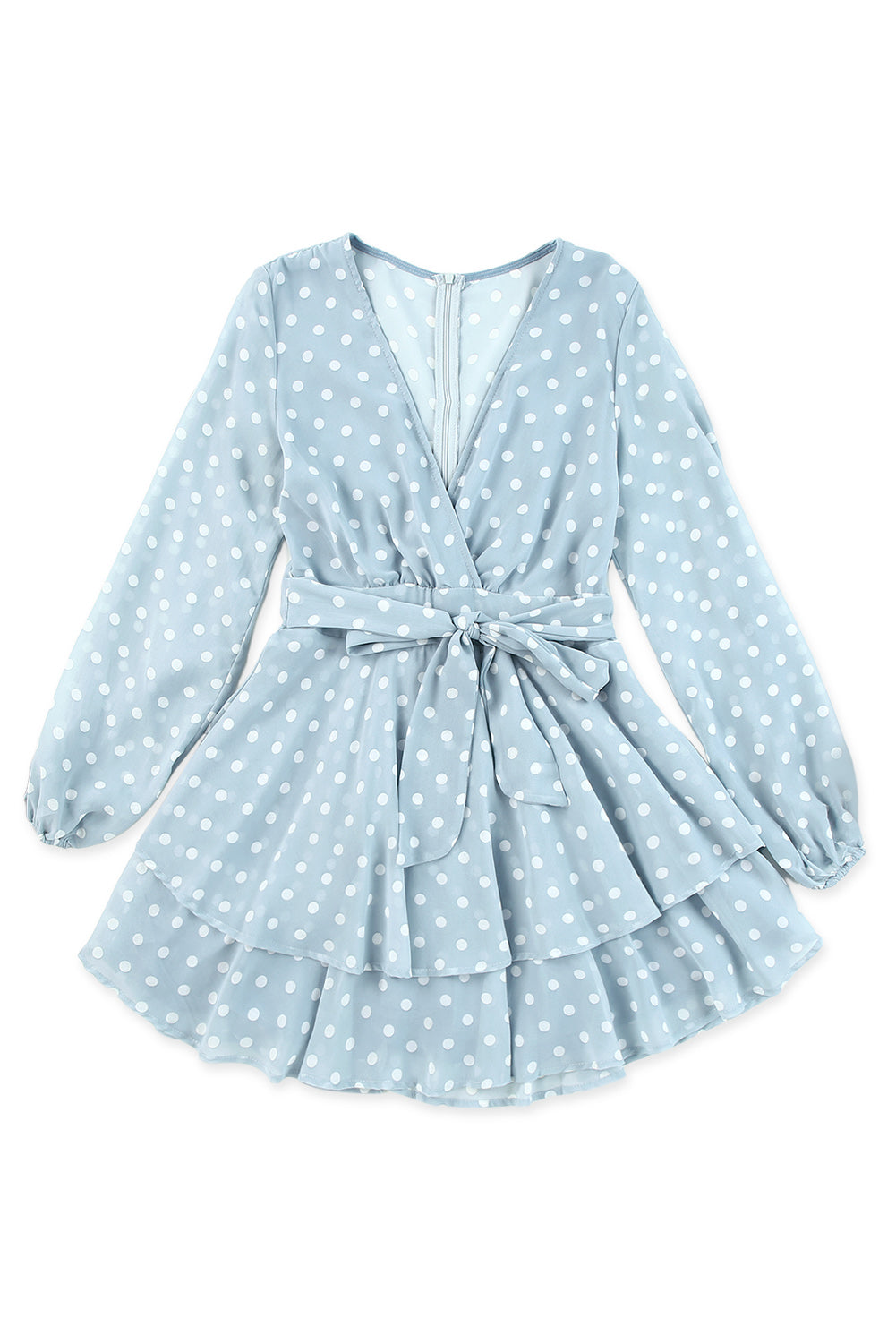 Long Sleeve Blue and White Polka-dot Wrap Dress