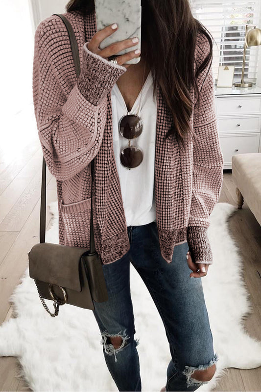 Long Sleeve Chunky Waffle Knit Oversized Open Front Cardigan Sweater Pink