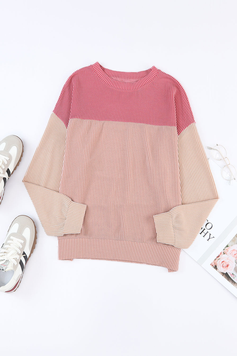 Long Sleeve Crew Neck Colorblock Sweater