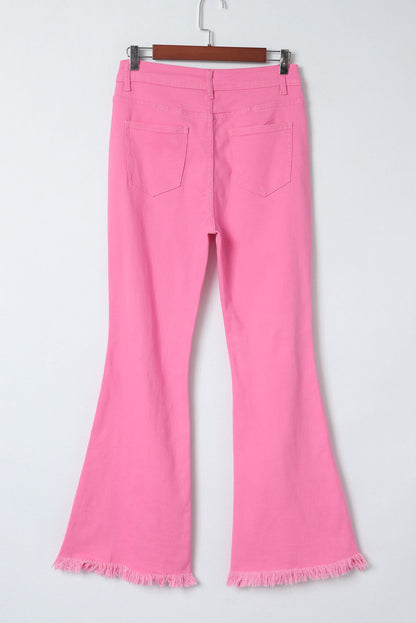 High Rise Flared Leg Raw Hem Pink Denim Jeans