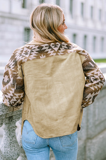 Long Sleeve Button-down Aztec Print Corduroy Jacket