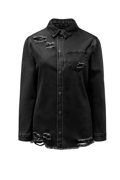 Long Sleeve Button-Down Black Ripped Denim Jean Jacket