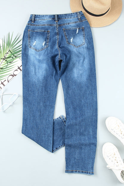 Mid-Rise Straight Leg Factory Distressed Jeans Denim Blue Jeans