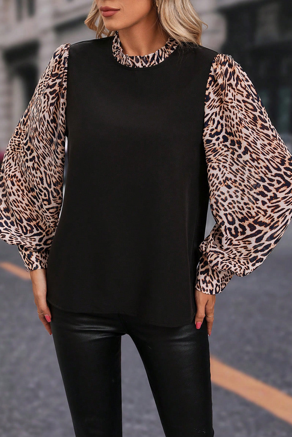 Long Sleeve Black and Leopard Print Blouse