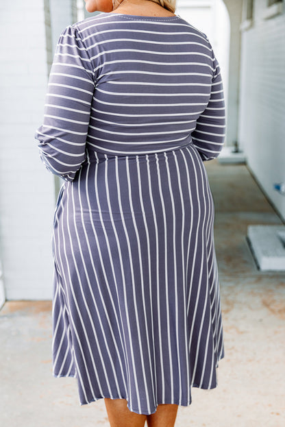 3/4 Sleeve V-neck Striped Midi Dress