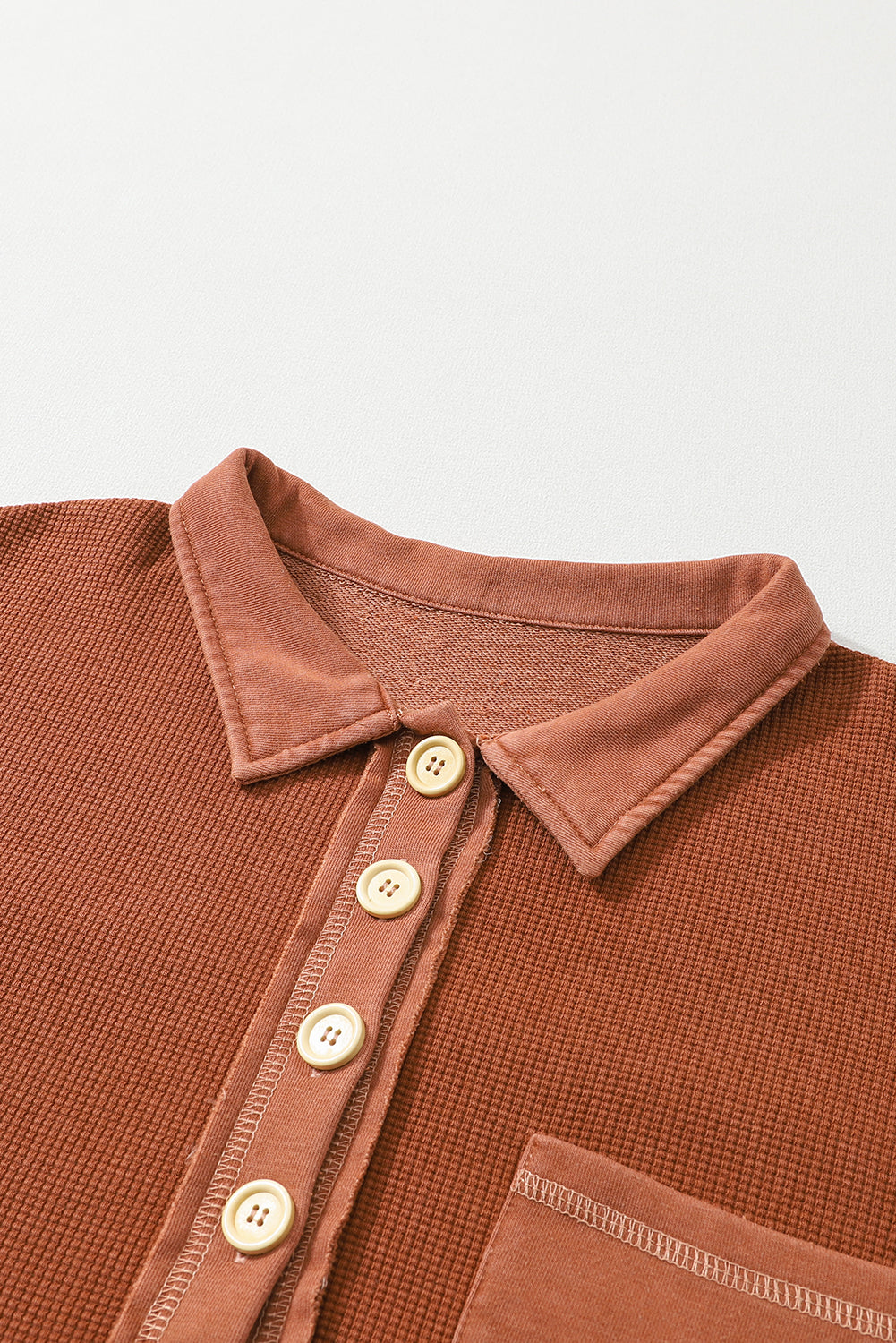 Chestnut Waffle Knit Exposed Seam Pocket Henley Sweatshirt