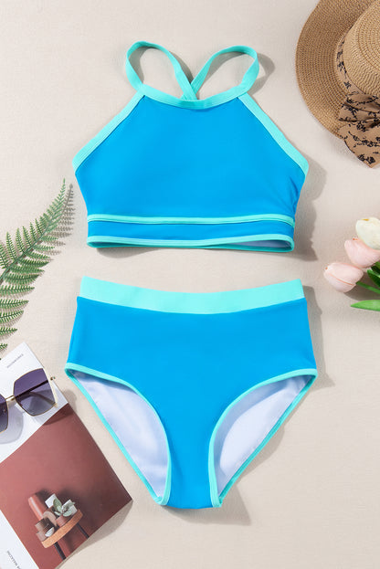 Two-piece Halter High-Waisted Blue Swimsuit/Bikini