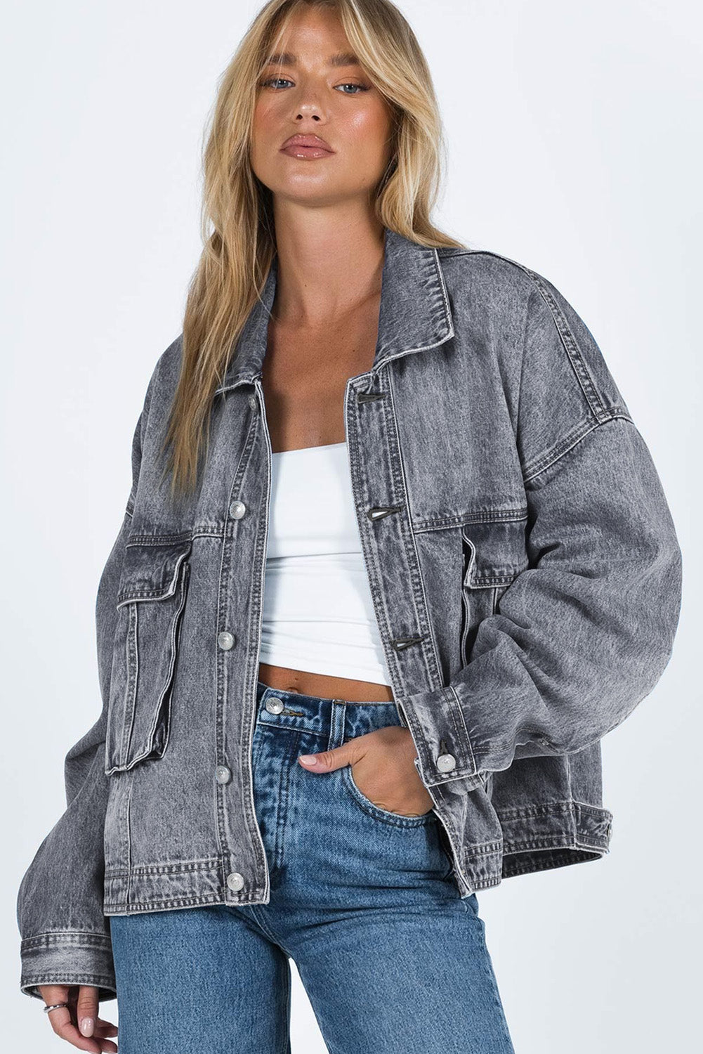 Long Sleeve Button-down Oversized Gray Denim Jean Jacket