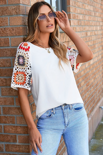 1/2 Sleeve White Top with Crochet Sleeves