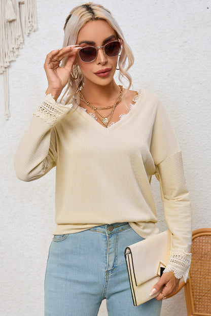 Long Sleeve V-neck Lacey Ribbed Sweater