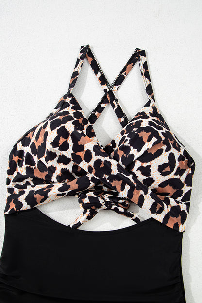 One-Piece Black and Leopard Print Swimsuit