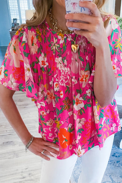 Flutter Sleeve Smocked Floral Print Top