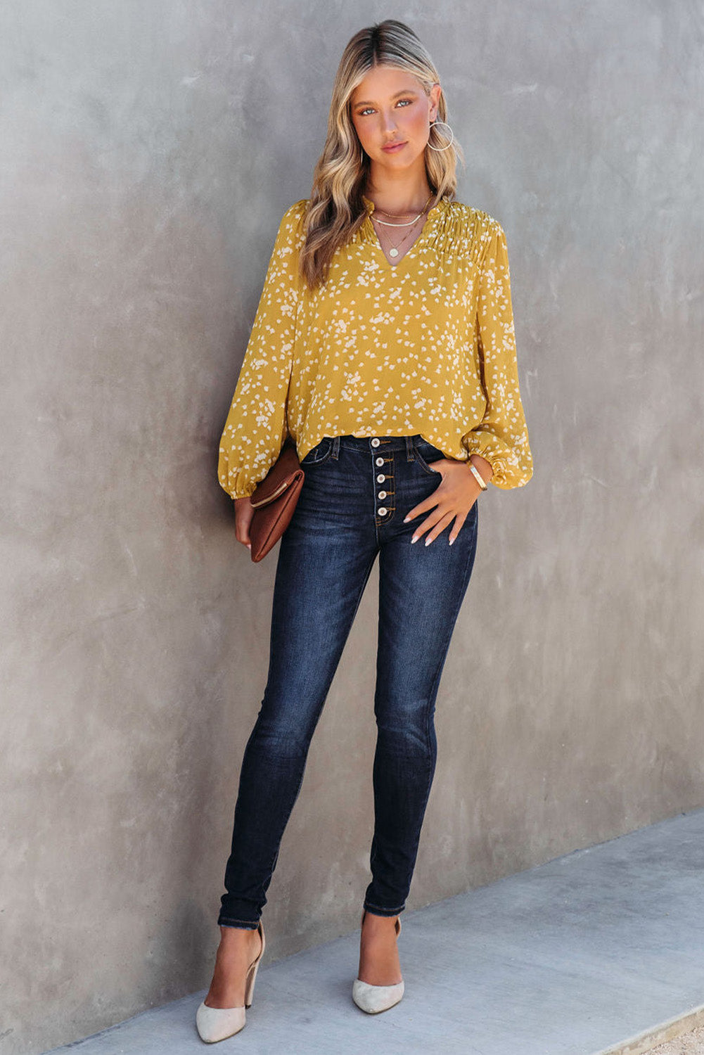 Long Sleeve V-neck Floral Print Top