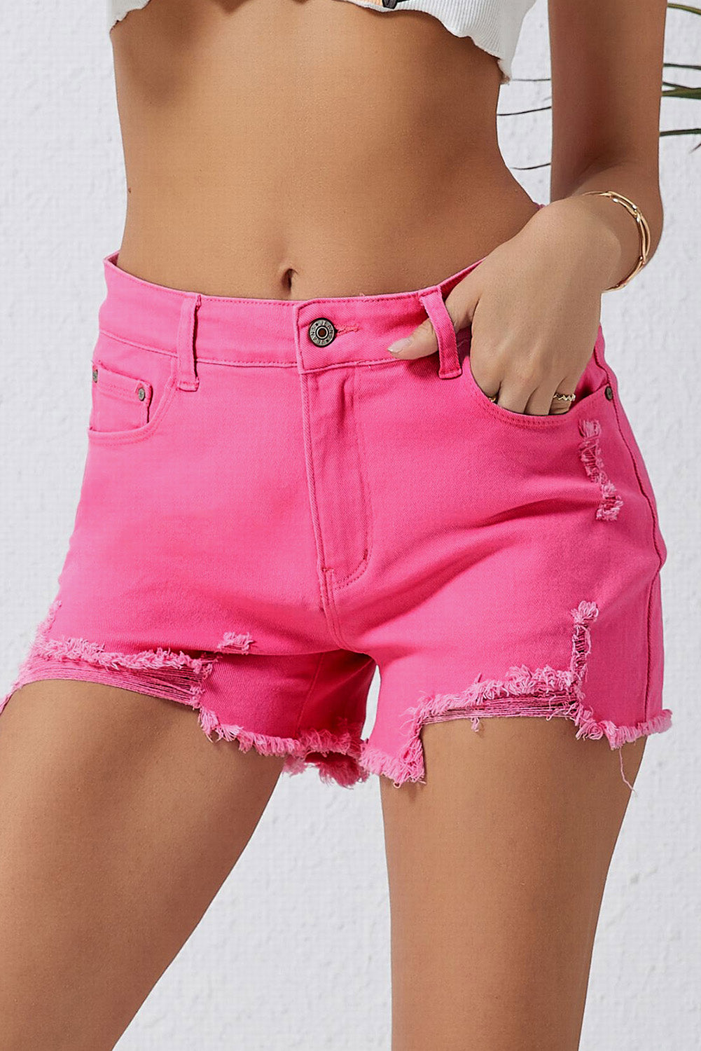 High Rise Raw Hem Pink Denim Jean Shorts