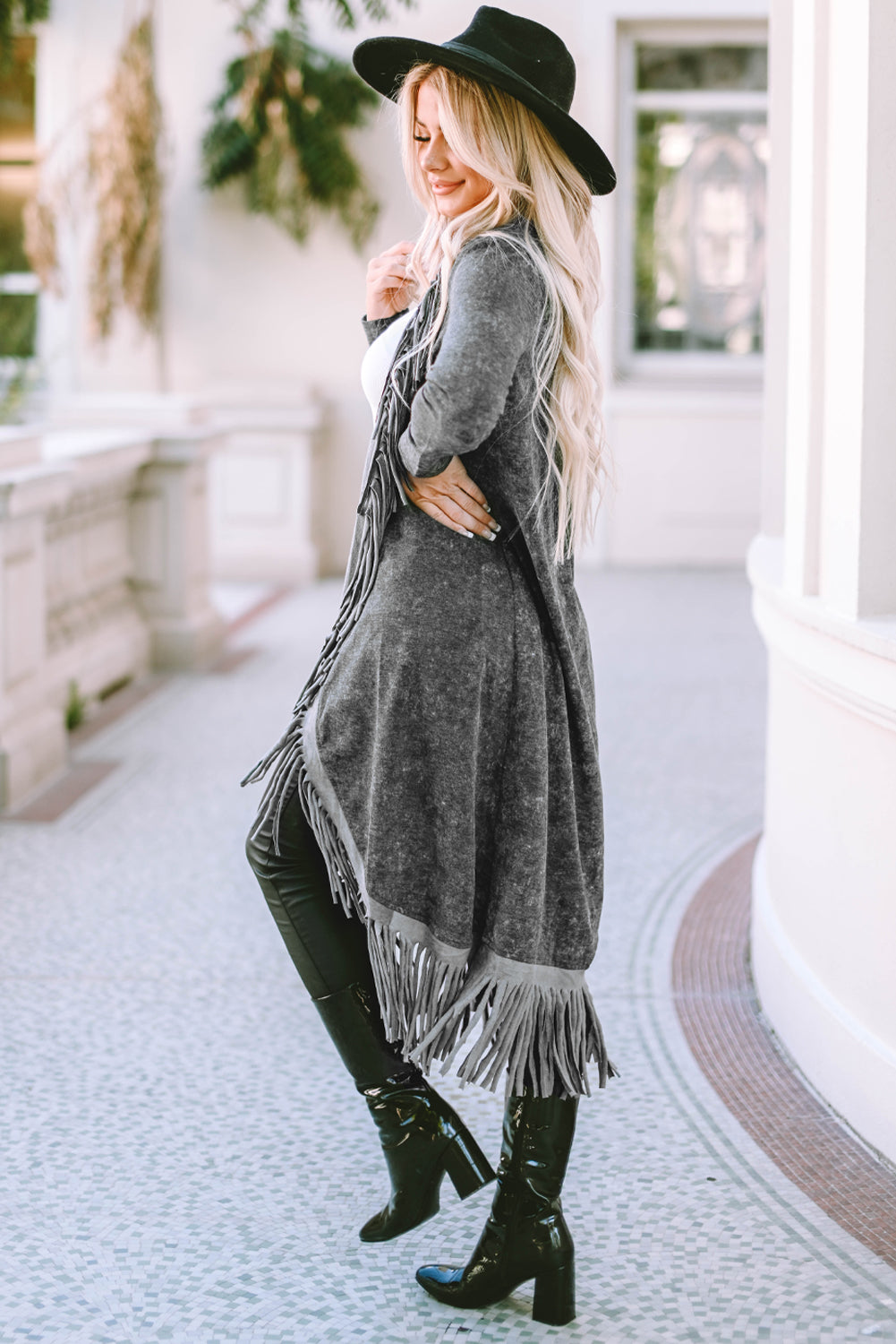 Black Long Western Style Open Front Cardigan with Fringe Detail