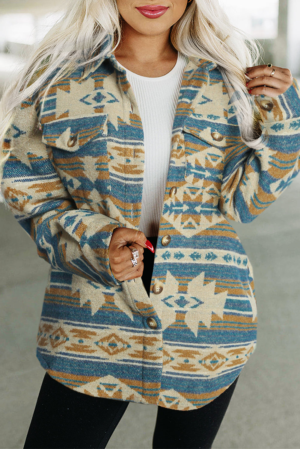 Long Sleeve Southwest Aztec Print Button Down Jacket